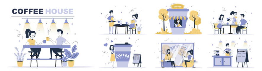 Coffee house concept set in flat web design. Collection with people drinking hot morning beverage at cafe or bistro, barista making espresso. Flat vector illustration isolated on white background.