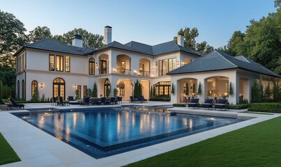 Luxurious modern home with pool. Expansive estate. Outdoor living space with large pool, covered patio, and landscaping