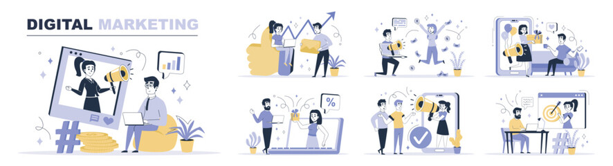 Digital marketing concept set in flat web design. Collection with people doing online advertisement, promoting business, audience communication. Flat vector illustration isolated on white background.