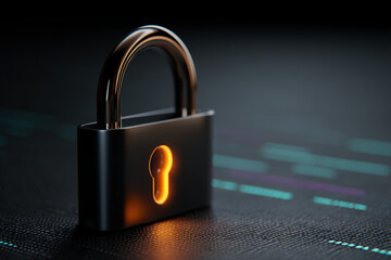 Fototapeta premium Close-up of metallic padlock, keyhole glowing orange, dark background, symbolizing security, safety, and data protection
