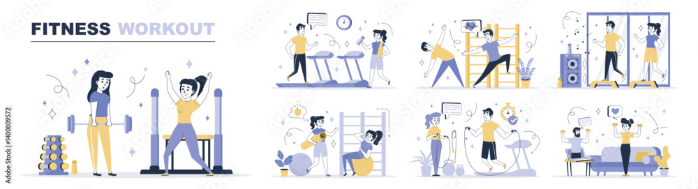 Aufkleber fitness workout concept set in flat web design. collection with people bodybuilding, running at trea