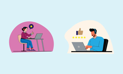 business people working on laptop. Tech Support Worker Receiving Five-Star Rating, Flat Design Vector Illustration