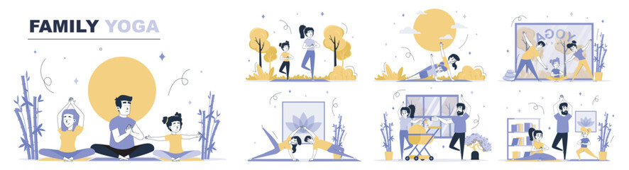 Family yoga concept set in flat web design. Collection with people practicing asanas with children, training near infant baby, make meditation. Flat vector illustration isolated on white background.