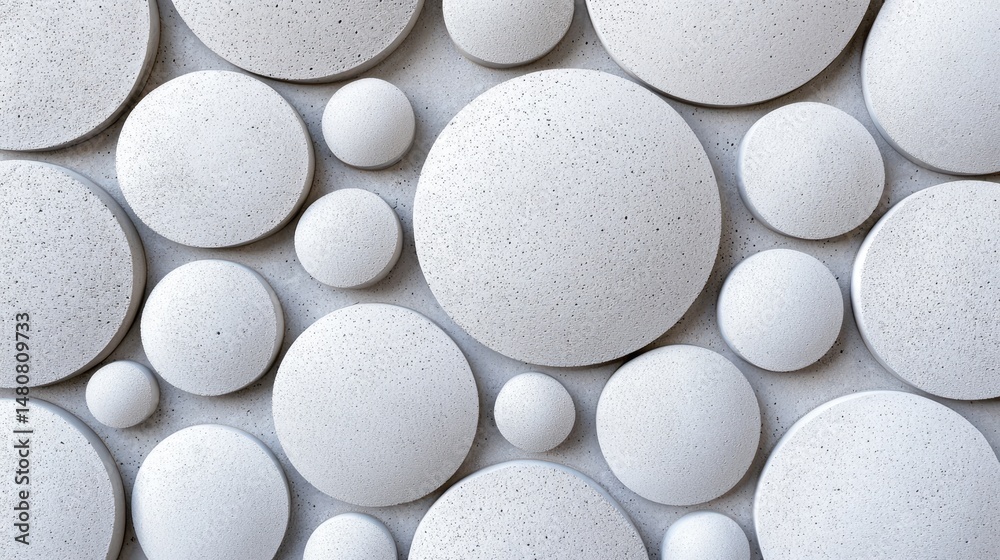 Aufkleber arrangement of textured white circles of varying sizes on surface