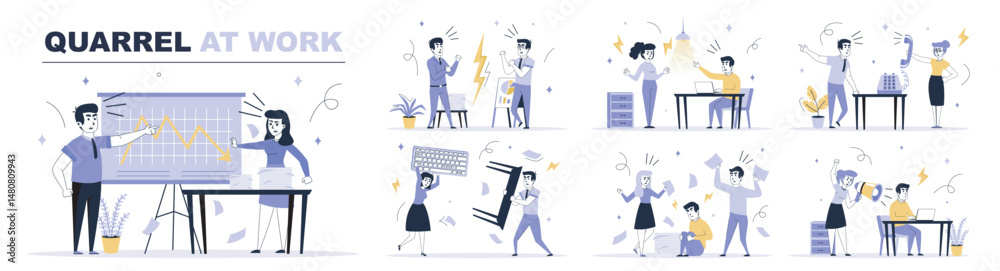 Aufkleber quarrel at work concept set in flat web design. collection with people shouting, colleagues in confl