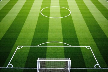 An aerial view of a football pitch highlighting the goalpost and center circle. Perfect for sports field design studies, football strategy materials, and pitch - related graphics.