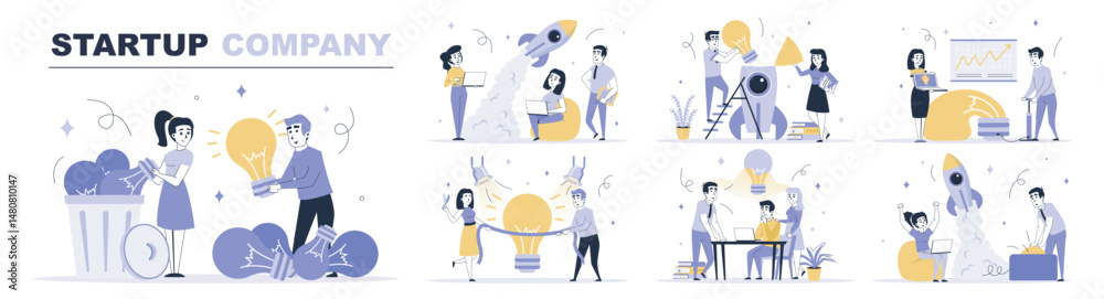 Poster startup company concept set in flat web design. collection with people brainstorming, find best idea
