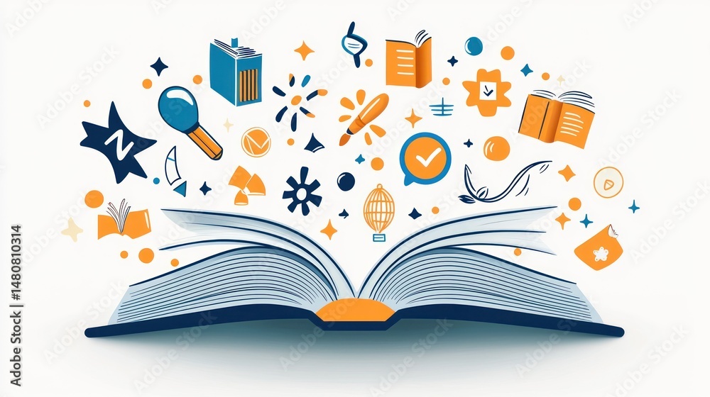Aufkleber Open book with knowledge and imagination icons floating above