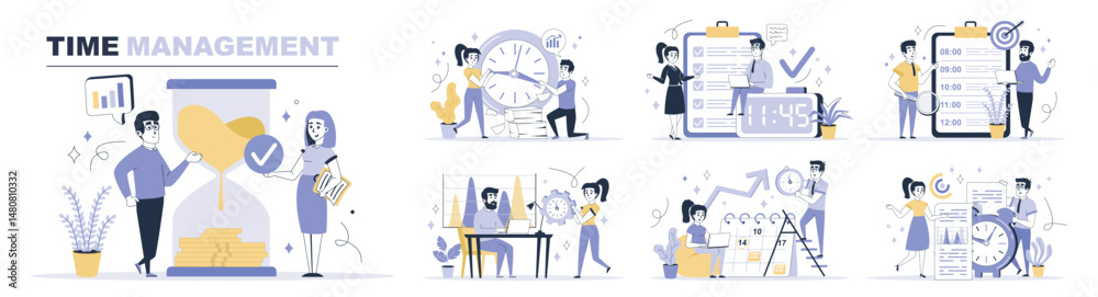 Aufkleber Time management concept set in flat web design. Collection with people control work processes with clock and calendar, make office organization. Flat vector illustration isolated on white background.