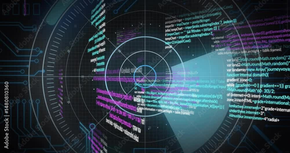 Poster Central circular HUD projecting light beam to right, highlighting code snippets and circuit traces