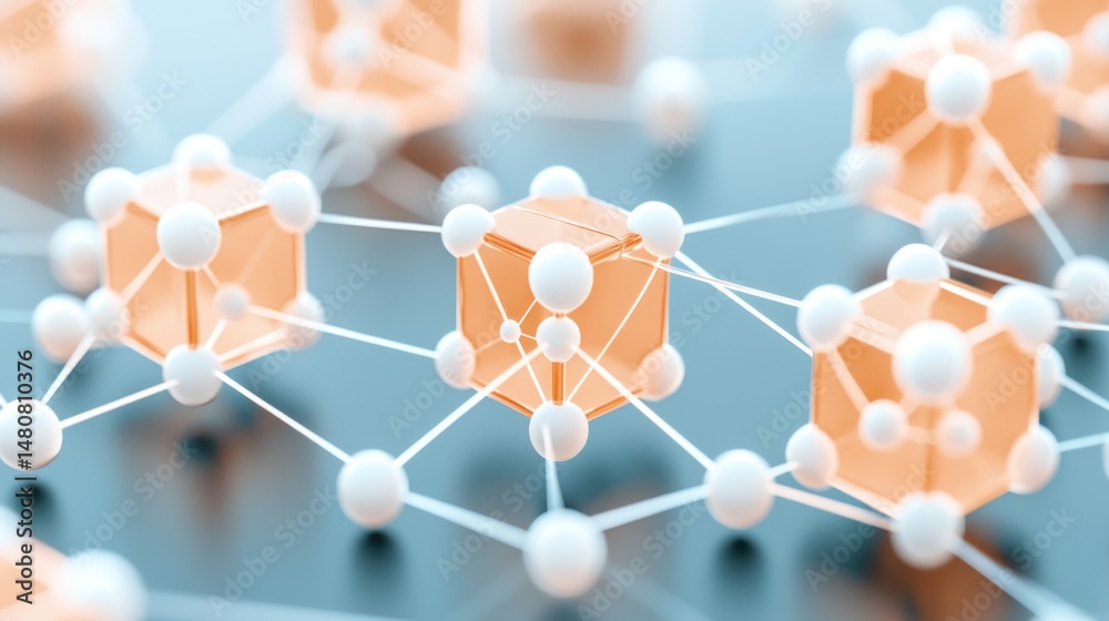 Aufkleber abstract molecular network with orange cubes and white spheres