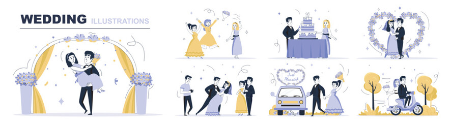 Wedding concept set in flat web design. Collection with people at marriage ceremony, catching bouquet, bride and groom dancing, honeymoon travel. Flat vector illustration isolated on white background.