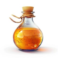 A  round glass bottle with a light amber liquid.