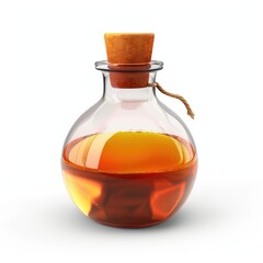 A round glass bottle filled with amber liquid.