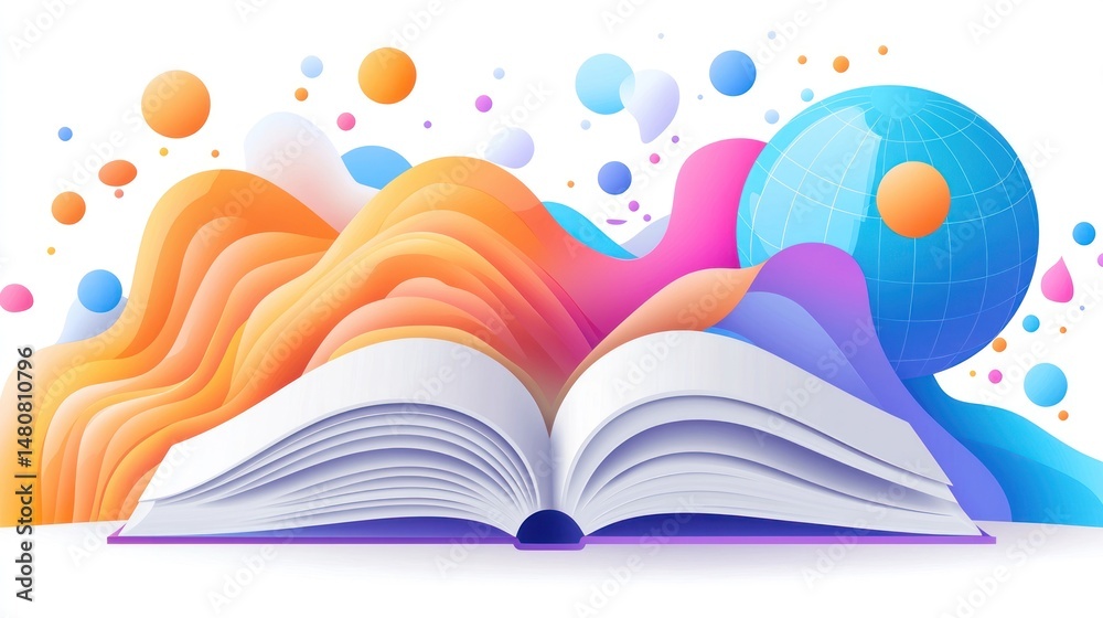 Aufkleber Open book with colorful abstract shapes and spheres around it