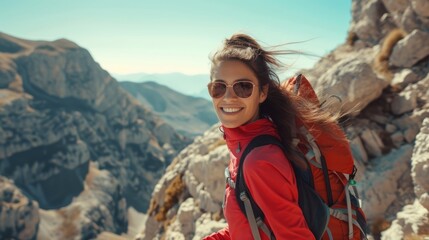 Naklejka premium Cheerful young female hiker in red jacket and backpack smiling in mountain landscape, mountain hiking, summer Tourism, outdoor activities