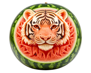 Watermelon carved with a tiger head, symmetrical composition isolated on a transparent background