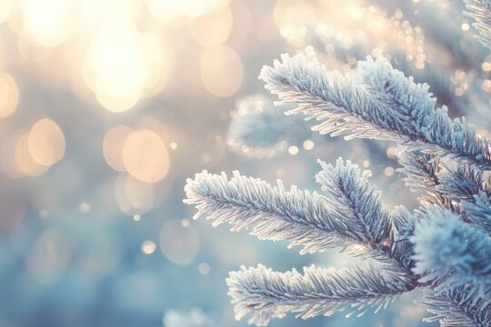 Frosty pine branches sparkle against a soft, bokeh-filled background in a serene winter scene. Light and frost beautifully combine.