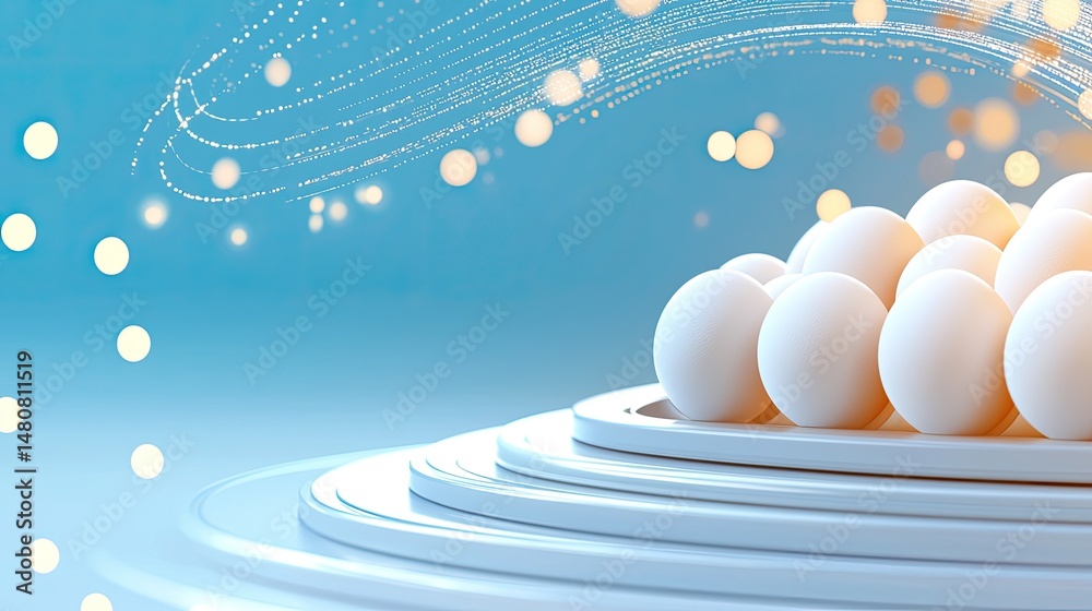 Poster a group of white spheres arranged on a tiered platform
