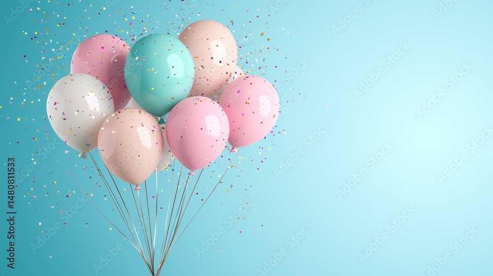 Poster bunch of colorful balloons float with confetti on blue background