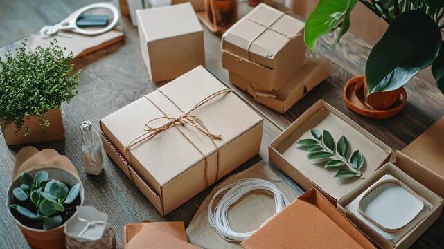 Various Kraft boxes, plants and supplies on a rustic wooden table surface.
