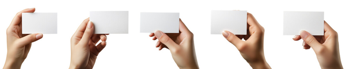 Obraz premium Hand Holding Blank White Business Card Mockup, Empty Business Card in Hand for Branding, Person Holding Blank Card Stock for Design isolated on Transparent Background