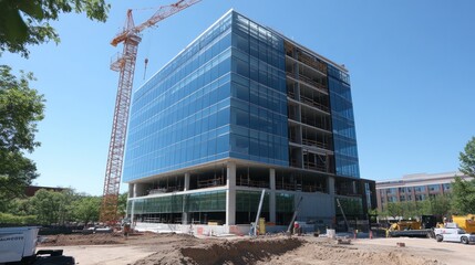 Obraz premium Modern glass building under construction sunny day high rise development