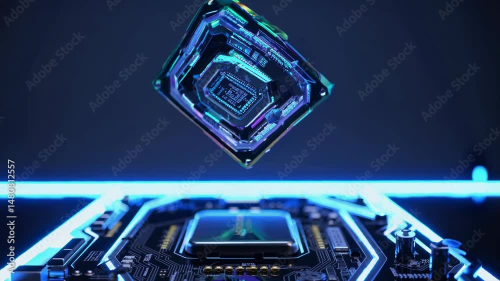 Poster quantum processor hovering above motherboard, showcasing advanced computing technology, quantum comp