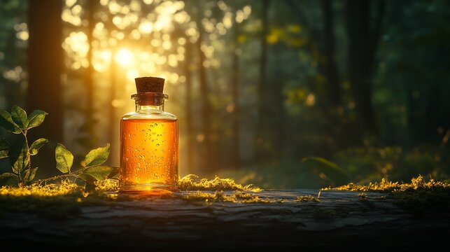 Amber elixir bottle in forest