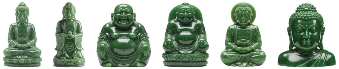 Obraz premium Six green jade Buddha statues, each in unique poses, intricately carved with traditional Buddhist iconography, isolated on transparent background.