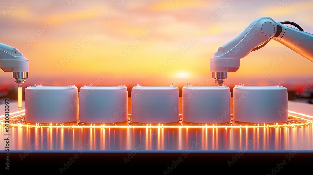Aufkleber robotic arms working on cylinders against a colorful sunrise background