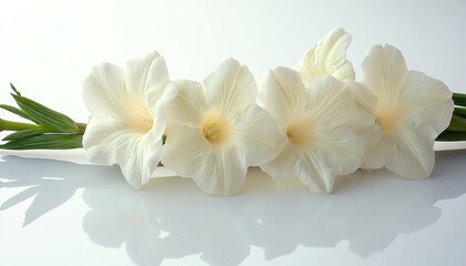 Delicate cluster of four pale cream flowers, light green stems, arranged in a horizontal line against a bright background