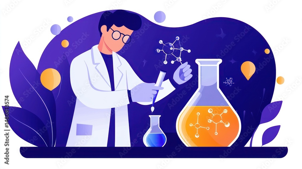 Poster scientist performs experiment with test tubes and laboratory equipment