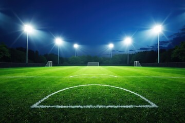 A small football field at night, illuminated by lights, with a green pitch, goalposts, and trees in the background. Suited for local sports events, community sports promotion,