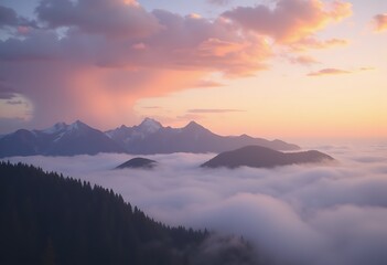Obraz premium Misty peaks silhouette sunset sky