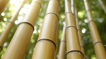 Obraz premium Sunlight filters through a dense grove of tall, golden bamboo stalks
