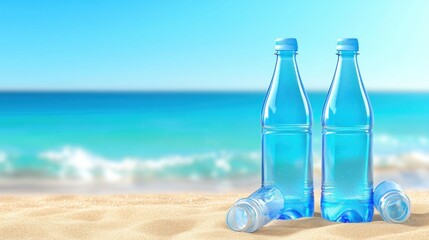 Two full water bottles and two empty ones on beach