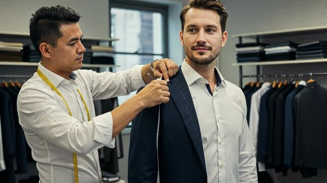 Asian tailor measuring a suit for a client