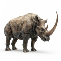 Obraz premium Massive rhinoceros stands poised against a stark white background.