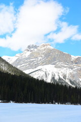 FIELD, BRITISH COLUMBIA, CANADA - April 13th 2025: A stunning spring time day at Emerald Lake in Yoho National Park, British Columbia with unreal, scenic nature views in popular tourism area of Canada