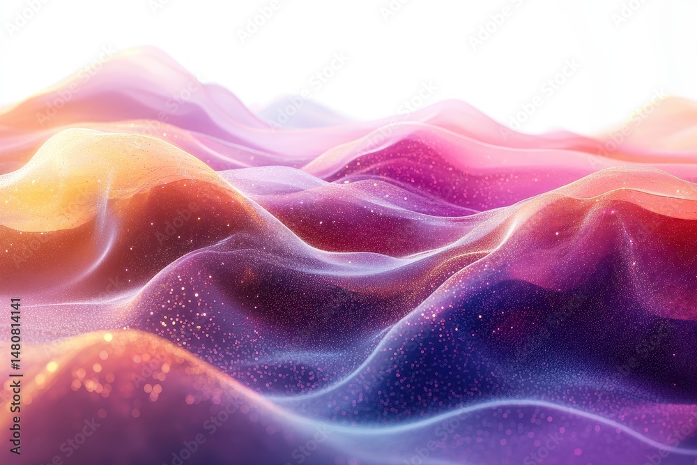 Poster Colorful waves of light create an ethereal landscape resembling a dreamlike galaxy with a gradient of soft hues and shimmering particles