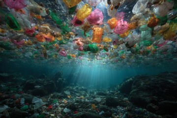 Earth drowning in waste, with plastic bags and wrappers filling every available space --ar 3:2 --stylize 250 --v 7 Job ID: 0d2f8e10-a481-4eaa-8759-6c33c3f1a72d