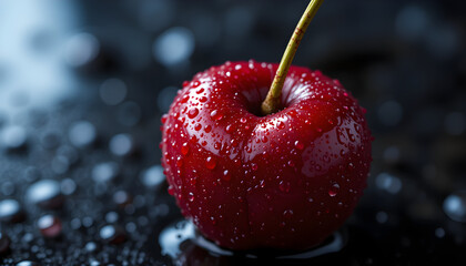 Close-Up of a Fresh Cherry With Water Droplets on Glossy Surface