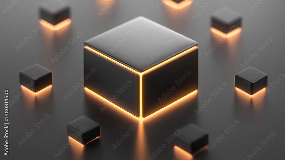 Poster illuminated futuristic cubes arranged on a dark surface glow warmly