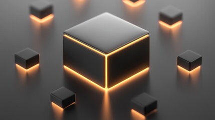 Obraz premium Illuminated futuristic cubes arranged on a dark surface glow warmly