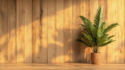 A tall palm tree in a brown pot stands against a wooden wall.