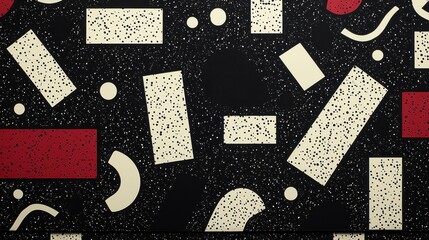 Abstract geometric pattern with textured rectangles, circles, and curves on a dark background