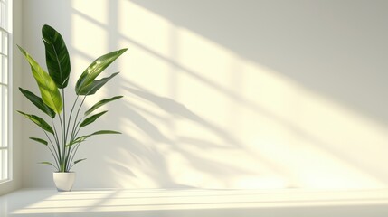 A large green plant in a white pot sits in a corner of a room with a window.