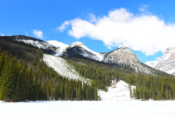 FIELD, BRITISH COLUMBIA, CANADA - April 13th 2025: A stunning spring time day at Emerald Lake in Yoho National Park, British Columbia with unreal, scenic nature views in popular tourism area of Canada