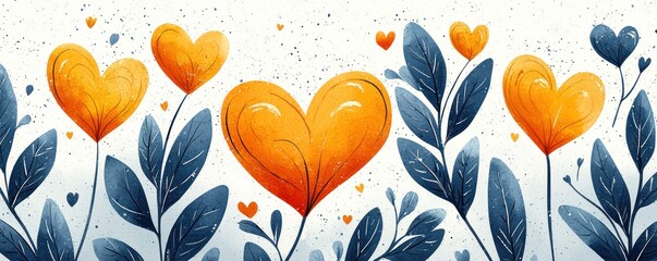 Orange heart-shaped flowers bloom amidst dark-blue leaves, creating a romantic and vibrant illustration